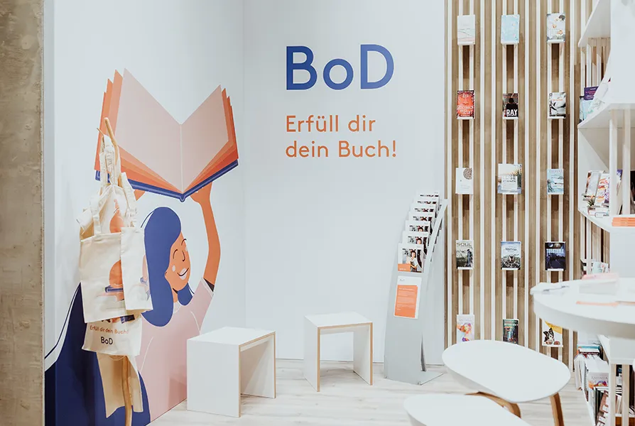 BoD-Messestand mit Messepräsenz-Büchern